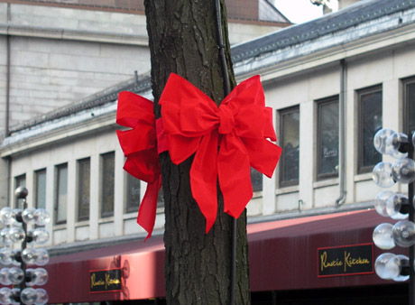 Red bows in front of a store.