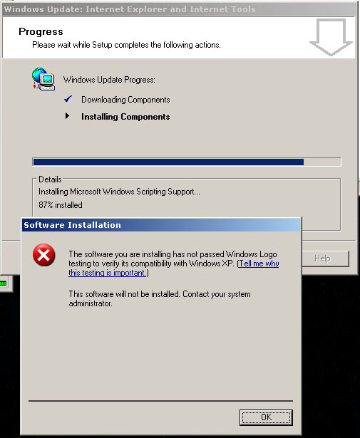 Internet Explorer 6 Service Pack 1: This software has not passed Windows Logo Testing and cannot be installed.